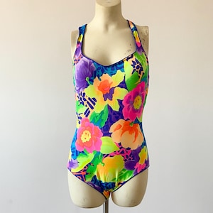 vintage bright tropical floral one piece bathing suit | 1980 1990 sassafrass brand one piece swimsuit | vintage floral modest swimwear