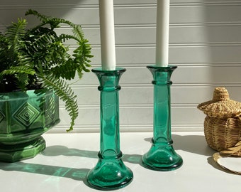 Vintage Teal Glass Candlestick Holders