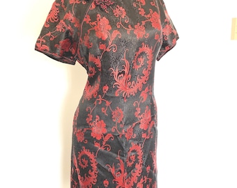 vintage cheongsam dress | red and black shanghai china dress | vintage red oriental style wrap dress | traditional red floral dress