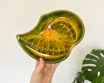 vintage green boomerang ashtray | drip glazed ceramic pottery ash tray