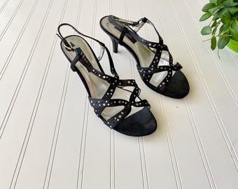 vintage 9.5 strappy kitten heels | y2k black and silver bejeweled heels | cute simple 2000 fashion strappy sandals