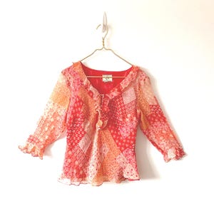 Vintage Y2K Patchwork Blouse | Sheer Boho Top, 3/4 Sleeve