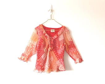 Vintage Y2K Patchwork Blouse | Sheer Boho Top, 3/4 Sleeve