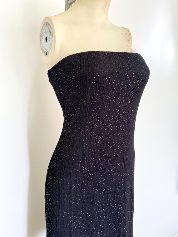 black sheer strappy textured glitter bodycon dress y2k tube top by charlotte russe | vintage early 2000 fashion dress Cowl neck