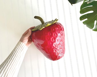 vintage ceramic strawberry cookie jar with lid | large ceramic fruit shaped kitchen counter storage | cute retro kitchen decor