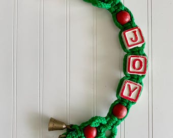 vintage macrame christmas door bell hanger | retro 'joy' handmade macrame decoration with brass bells