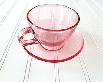 Vintage Pink Glass Teacup and Saucer | Girly Kitchen Decor