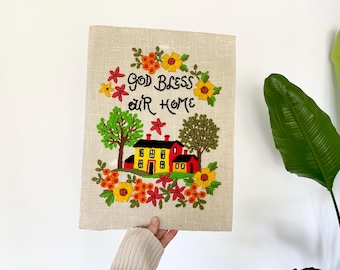 Vintage Embroidered "God Bless Our Home" Wall Art with Floral House Scene | cute retro gallery wall art hanging embroidery housewarming