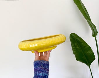 retro oval ceramic planter pot | vintage yellow indoor shallow plant holder