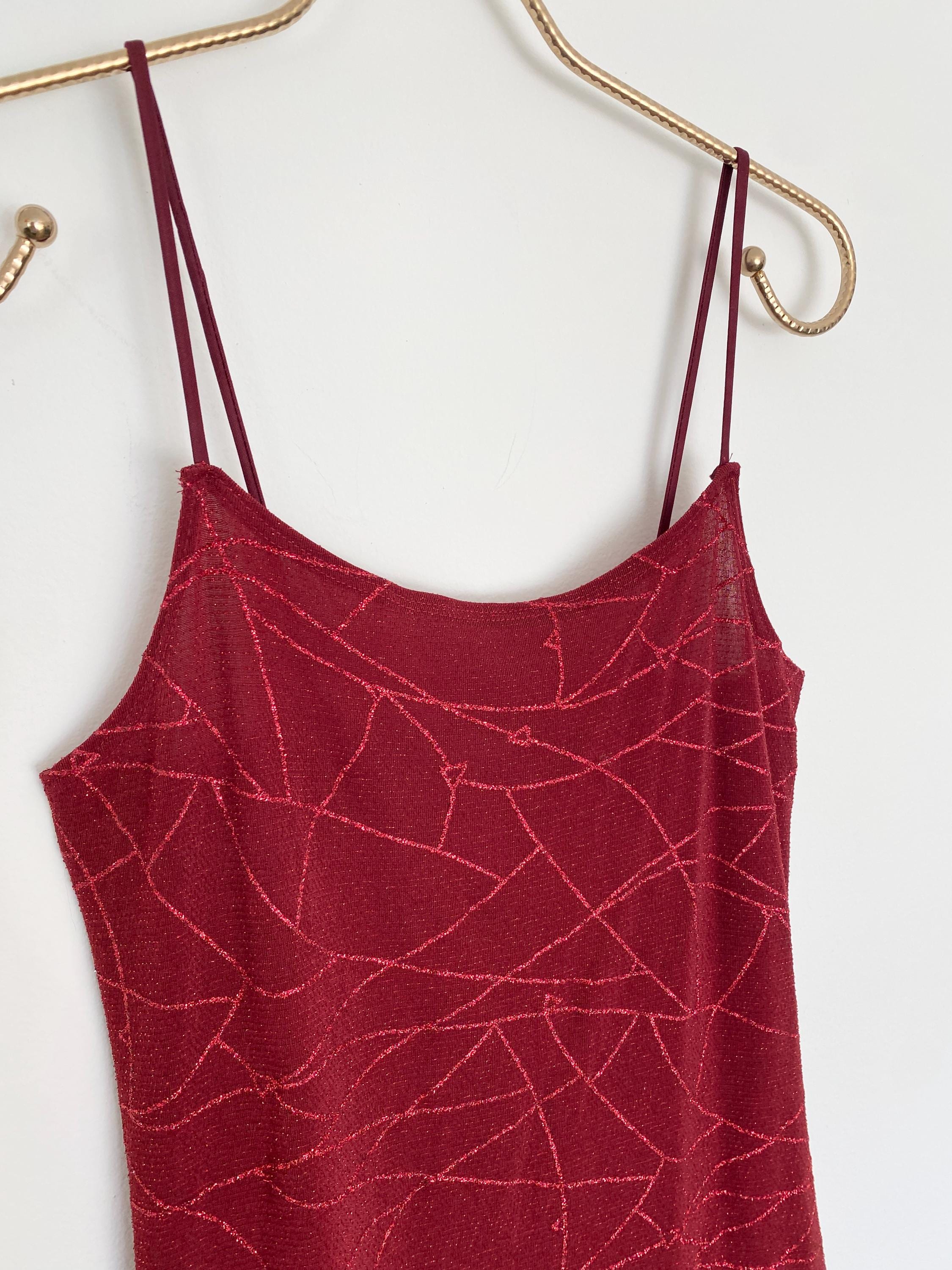 Red Y2k Shimmer Gown | Floor Length Form Fitting Body Con Dress | Size Large Y2k Prom Dress | Cute Y2k Early 2000 Fashion