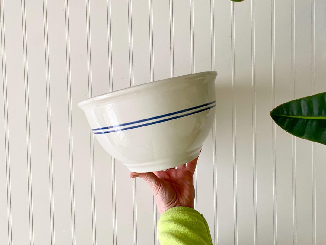 10” large Vintage Ceramic Bowl, Blue Stripe | vintage blue and white kitchen decor | retro batter mixing bowl