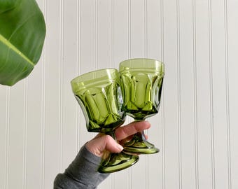 vintage green drinking glass stemware | retro green glass home decor | vintage kitchen wine chalice