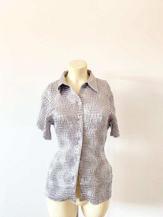 y2k shiny silver blouse | vintage collar buttonup shirt | casual corner size medium dress shirt | vintage early 2000 button up office attire