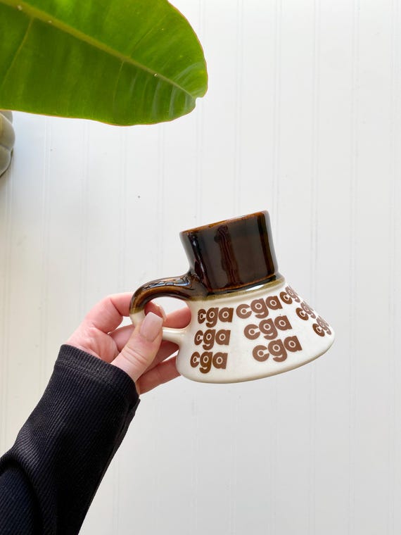 Vintage Glazed Ceramic Travel Mug | Beige & Brown Cylinder Cup