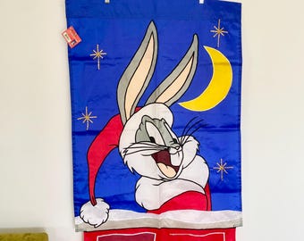 vintage 1990's bugs bunny christmas flag | large looney tune's 1996 home decor | outside hanging flag home decor