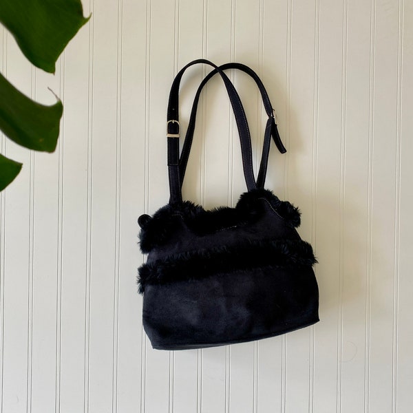 fuzzy y2k purse in black suede with faux sherpa inside and silver tone buckles | vintage y2k shoulder purse | y2k 2000 fashion tote bag