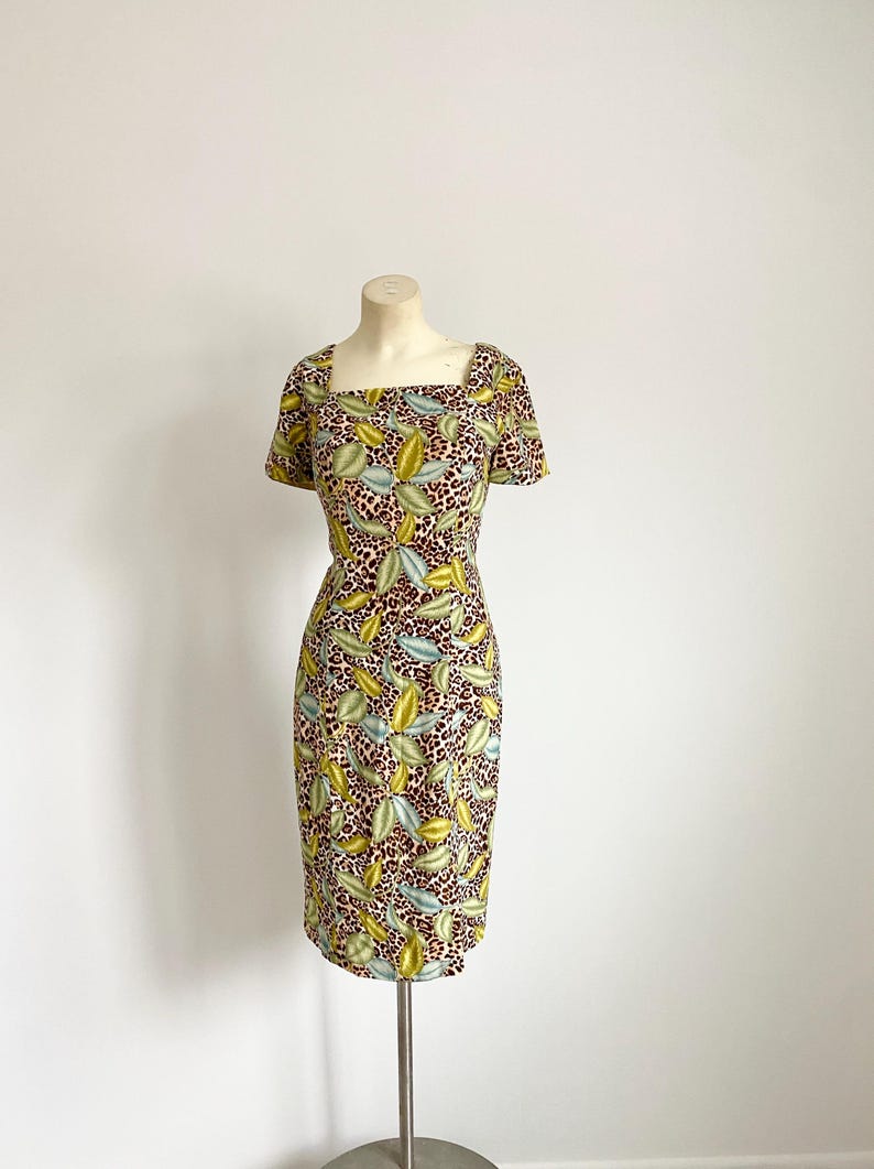 y2k 100% silk dress by Adrianna Papell | tropical cheetah print vintage dress | size 6 women's summer dress | summer wedding guest dress bild 3