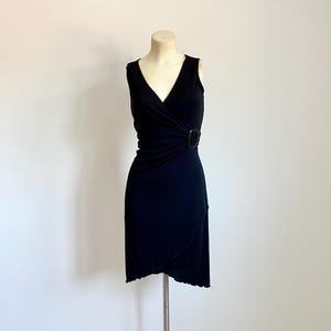 y2k size small black buckle dress | vintage wrap dress vneck mini dress | early 2000 short black dress | mini buckle night out club dress