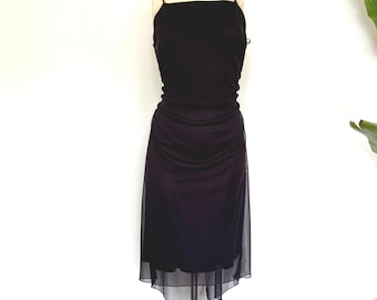 y2k 'up front' vintage black spaghetti strap dress | mesh black mini vintage dress | early 2000's apron neck little black dress