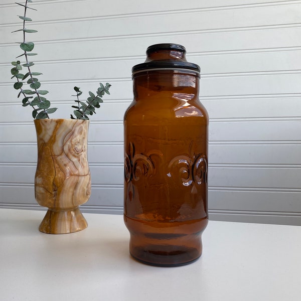 Vintage Amber Fleur de Lis Apothecary Style Jar | Amber Brown Vintage Jar with Lid