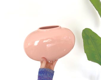 vintage haeger pale pink 1980's oval vase | wide chunky ceramic vase by haeger