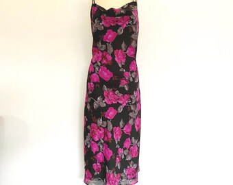 vintage floral cowl neck sheer summer dress | y2k pink black beaded ankle length wedding guest dress