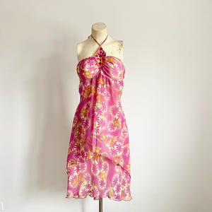 y2k floral halter strap dress with jewels | pink and orange flower power pink gem dress | cute vintage 2000 fashion summer dress