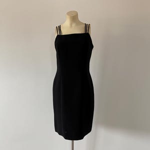 y2k size 10 black mini dress | vintage spaghetti strap little black dress | early 2000 fashion short black dress with thin straps