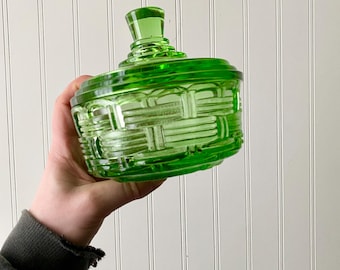 vintage lidded green glass trinket dish | vintage glass jewelry holder with lid | green glass ring dish