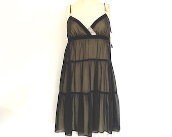 Y2K babydoll black and cream spaghetti strap dress | vintage early 2000's empire waist sheer mini dress