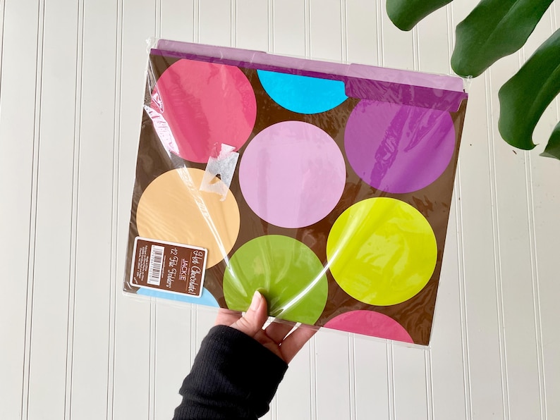 May include: A pack of 12 file folders in a brown base color featuring a pattern of large, colorful circles in shades of pink, light blue, lavender, peach, lime green, and purple. A label on the front reads Hot Chocolate! JACKIE 12 File Folders.