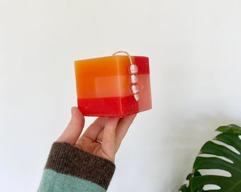 Ombre Pillar Candle with Beads – Red Orange Gradient Home Decor