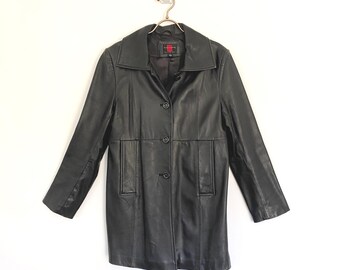 Vintage Y2K Leather Coat in Black Matrix Style 2000s Real Leather