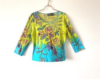 Y2K Boho Floral Tie Dye Blouse | Beaded 3/4 Sleeve Top | Retro graphic long sleeve bohemian style clothing