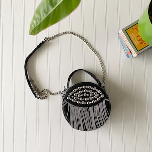vintage studded crossbody purse | studded grunge punk black circle purse | y2k 2000 fashion bag | silver and black neutral silver chainlink