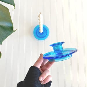 vintage blue glass candlestick holder | boho bohemian home decor | unique retro candle stick holder | cute vintage coffee table decor