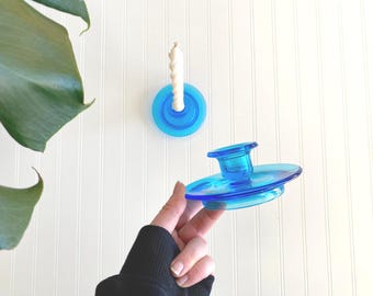 vintage blue glass candlestick holder | boho bohemian home decor | unique retro candle stick holder | cute vintage coffee table decor
