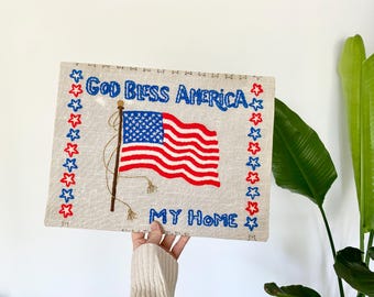 Embroidered American Flag and Stars Wall Art – Patriotic Linen Decor