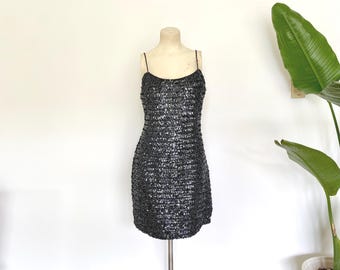 y2k sequins mini dress size 12 | vintage 'hollywood nites' brand black sequins going out dress | vintage little black dress