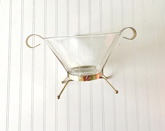 mcm large serving bowl with brass color metal base | vintage retro footed large chip snack bowl