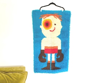 vintage ege vaegrya shag rug wall hanging | bokser boxer little boy vintage home decor