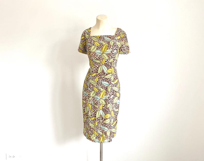 y2k 100% silk dress by Adrianna Papell | tropical cheetah print vintage dress | size 6 women's summer dress | summer wedding guest dress bild 1