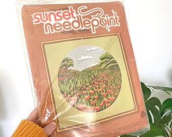 vintage diy needlepoint kit - tulip design | retro craft kit by sunset needlepoint 16"x16" artwork