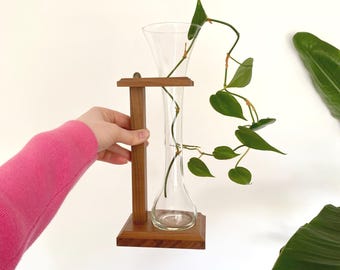 Glass Propagation Bud Vase with Wooden Stand – Mid-Century Modern Home Decor