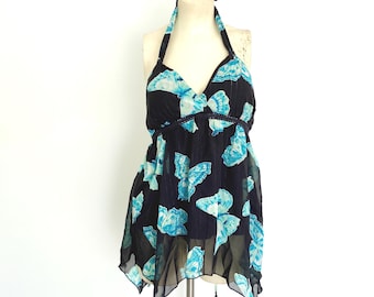 y2k pinstripe halter top blue and black butterfly print | vintage early 2000 fashion | flowy fairy top by jordache