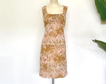 vintage fashion bug square neck summer dress | y2k milkmaid floral sleeveless mini dress | cute vintage neutral tone dress