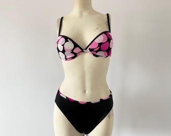 vintage polka dot black and pink bikini | 1990's super high waisted size small micro bikini