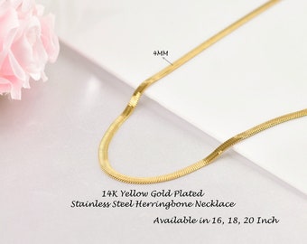 Silvershake SUEBUE 4MM 14K Yellow Gold Plated Stainless Steel Herringbone Adjustable Chain Necklace Jewelry for Women