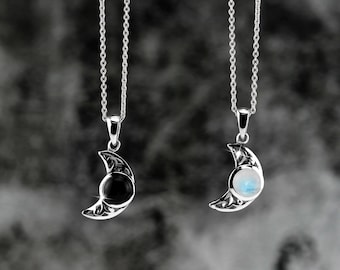 Silvershake Natürlicher Mondstein oder schwarzer Onyx 925 Sterlingsilber-filigrane Halbmond-Anhänger mit 18-Zoll-Halskette Schmuck für Frauen