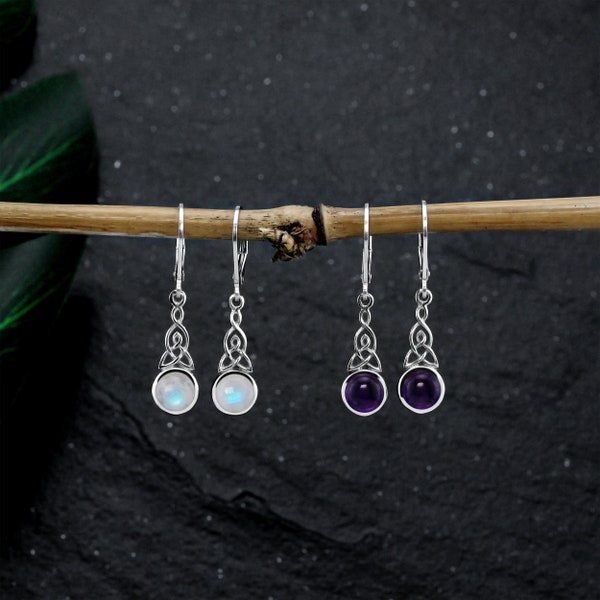 Silvershake Cabochon Moonstone or Amethyst 925 Sterling Silver Trinity Triquetra Celtic Knot Dangle Leverback Earrings Jewelry for Women